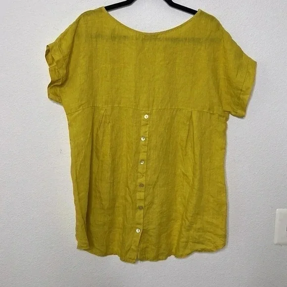 Terzo Millennio Italy Linen yellow Back Buttons Hi-Lo Blouse size large - Picture 2 of 4